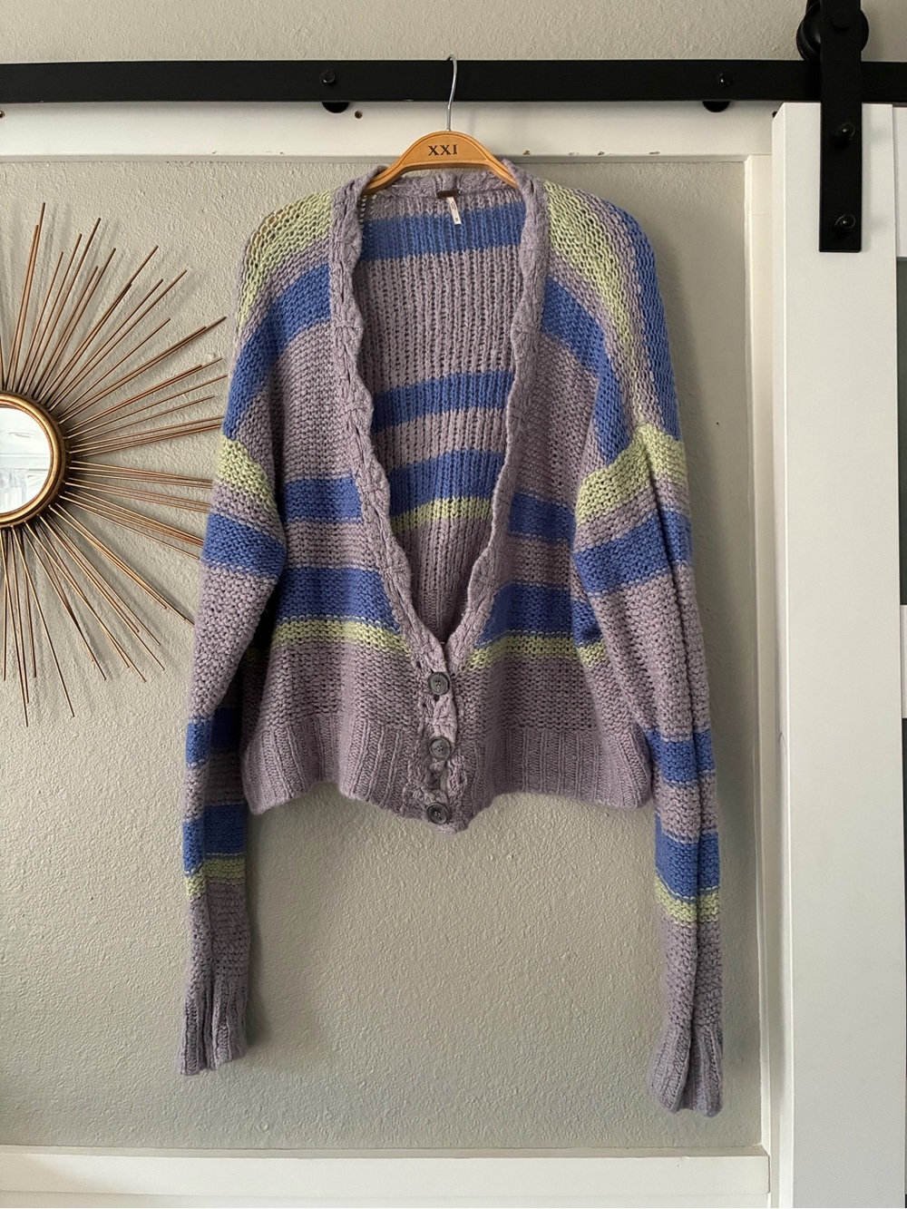 Free People Striped Cropped Cardigan in Lavender, Blue, and Lime